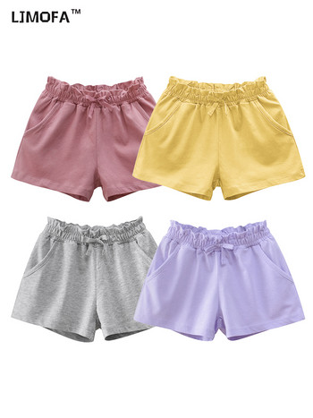 LJMOFA Летни памучни къси панталони за момичета Едноцветни розови модни сладки къси панталони за малки деца Еластични детски панталони с висока талия Бебешки дрехи D344