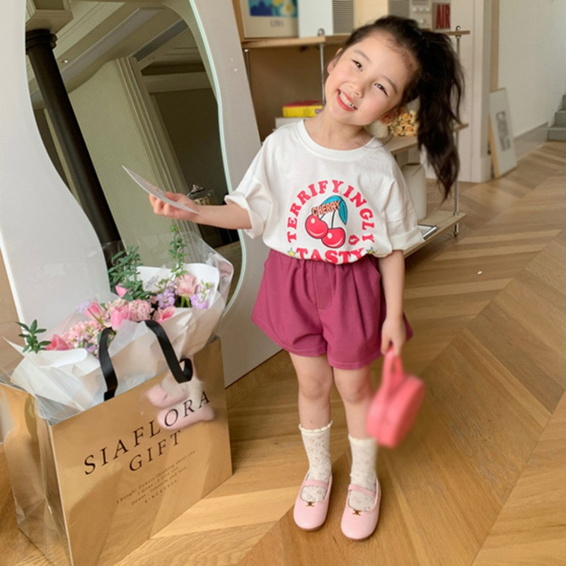 Vasaros vaikiški šortai mergaičių šortai elastiniu juosmeniu medvilninės trumpos kelnės vienspalvės plačios kojos bamblys mergaitės laisvalaikio paplūdimio aprangos šortai 3-8T