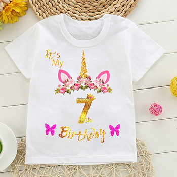 It\'S My Birthday Unicorn Flowers Print Number Тениски за малко дете Подарък за рожден ден за момичета Детски дрехи Сладки забавни горнища на тениска