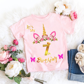 It\'S My Birthday Unicorn Flowers Print Number Тениски за малко дете Подарък за рожден ден за момичета Детски дрехи Сладки забавни горнища на тениска