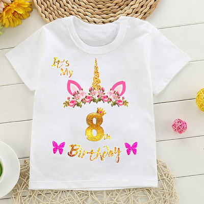 It`S My Birthday Unicorn Flowers Print Number Тениски за малко дете Подарък за рожден ден за момичета Детски дрехи Сладки забавни горнища на тениска
