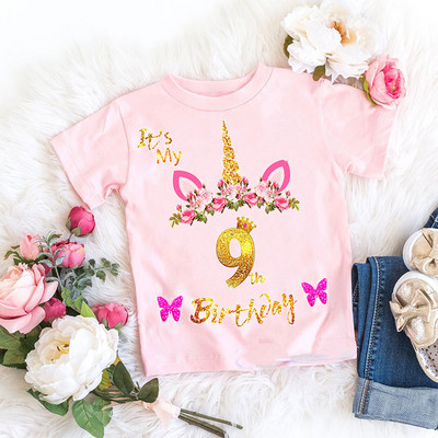 It`S My Birthday Unicorn Flowers Print Number Тениски за малко дете Подарък за рожден ден за момичета Детски дрехи Сладки забавни горнища на тениска