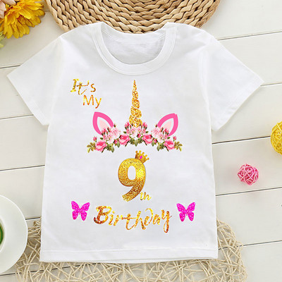 It`S My Birthday Unicorn Flowers Print Number Тениски за малко дете Подарък за рожден ден за момичета Детски дрехи Сладки забавни горнища на тениска