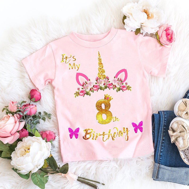 It`S My Birthday Unicorn Flowers Print Number Тениски за малко дете Подарък за рожден ден за момичета Детски дрехи Сладки забавни горнища на тениска