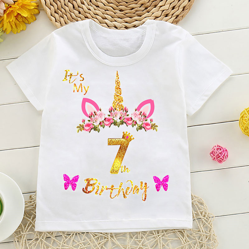 It`S My Birthday Unicorn Flowers Print Number Тениски за малко дете Подарък за рожден ден за момичета Детски дрехи Сладки забавни горнища на тениска