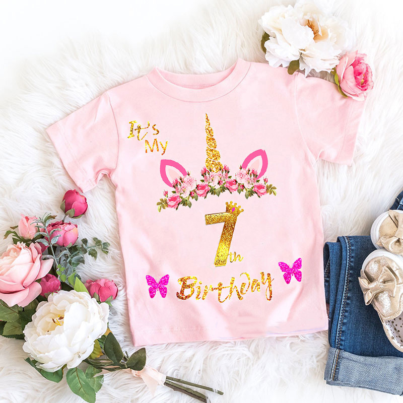 It`S My Birthday Unicorn Flowers Print Number Тениски за малко дете Подарък за рожден ден за момичета Детски дрехи Сладки забавни горнища на тениска