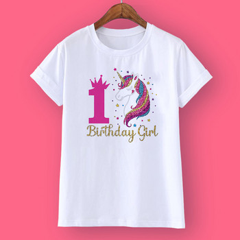 Риза за момичета с еднорог, къс ръкав, анимационни графични горнища, модна тениска за рожден ден 1-12, детски дрехи, летни парти подаръци