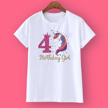 Риза за момичета с еднорог, къс ръкав, анимационни графични горнища, модна тениска за рожден ден 1-12, детски дрехи, летни парти подаръци