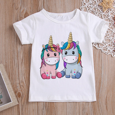Модни сладки детски дрехи Еднорог Тениска за момичета Rainbow Horse Girls Cartoon Baby Boy Дрехи с кръгло деколте Нова детска риза