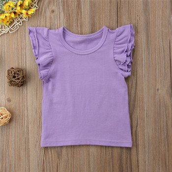 Тениска за бебета, бебешки момичета, тениска за деца, малки момиченца, плътна тениска с памучен принт, тениска с къс ръкав и отворени рамена 1-6T