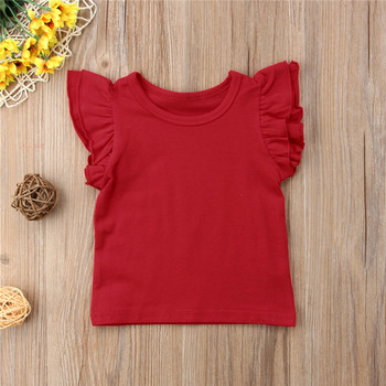 Тениска за бебета, бебешки момичета, тениска за деца, малки момиченца, плътна тениска с памучен принт, тениска с къс ръкав и отворени рамена 1-6T