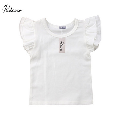 Тениска за бебета, бебешки момичета, тениска за деца, малки момиченца, плътна тениска с памучен принт, тениска с къс ръкав и отворени рамена 1-6T