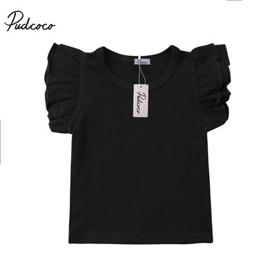 Тениска за бебета, бебешки момичета, тениска за деца, малки момиченца, плътна тениска с памучен принт, тениска с къс ръкав и отворени рамена 1-6T