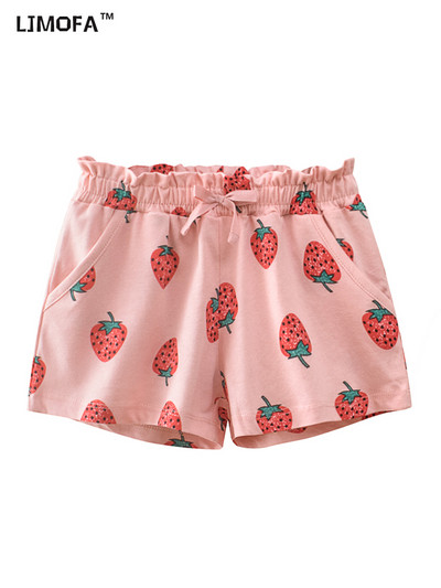 LJMOFA Summer Cotton Girls Shorts Cute Toddler Shorts High Waist Elastic Kids Pant Cartoon Strawberry Fashion Baby Clothes D345