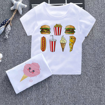 2021 Карикатура Сладко момче и момиче Тениска Fun Ice Cream Baby Clothing Harajuku Design Kid Top Round Neck Бяла нова детска риза