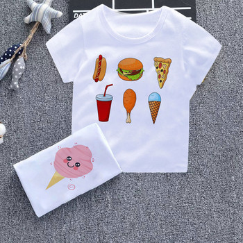 2021 Карикатура Сладко момче и момиче Тениска Fun Ice Cream Baby Clothing Harajuku Design Kid Top Round Neck Бяла нова детска риза