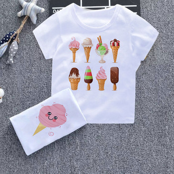 2021 Cartoon, χαριτωμένο μπλουζάκι για αγόρι και κορίτσι, Διασκεδαστικό παγωτό, παιδικά ρούχα Harajuku, παιδικό μπλουζάκι με στρογγυλή λαιμόκοψη Λευκό Νέο παιδικό πουκάμισο