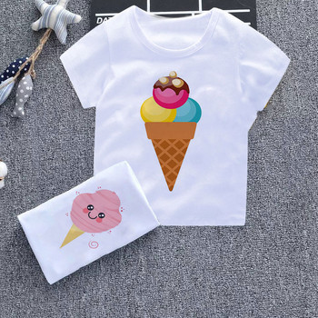 2021 Cartoon, χαριτωμένο μπλουζάκι για αγόρι και κορίτσι, Διασκεδαστικό παγωτό, παιδικά ρούχα Harajuku, παιδικό μπλουζάκι με στρογγυλή λαιμόκοψη Λευκό Νέο παιδικό πουκάμισο