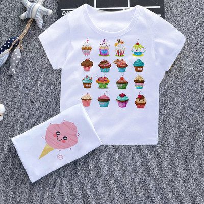 2021 Cartoon Cute Boy And Girl T-shirt Fun Ice Cream Baby Clothing Harajuku Design Kid Top Round Neck White New Children Shirt
