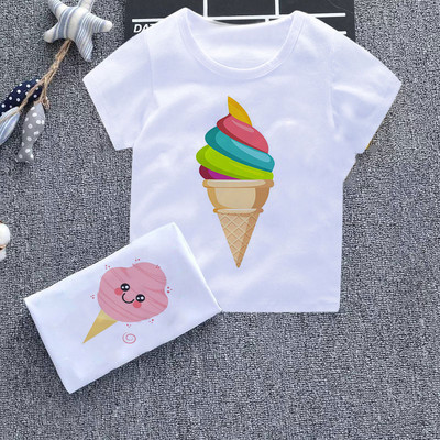 2021 Rajzfilm Aranyos fiú és lány póló Szórakoztató fagylaltos babaruha Harajuku Design gyerek felső kerek nyakú fehér új gyerek ing
