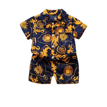Бебешки комплект летни дрехи с щампи на цветя за бебета, лятна риза с къс ръкав, топ+панталон, 2 бр. джентълменски костюм, детско ваканционно плажно облекло