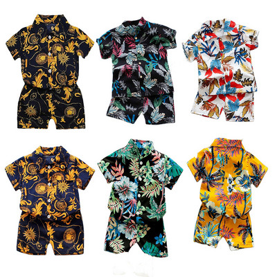 Kisfiúk virágmintás nappaliruha ruhakészlet nyári rövid ujjú ing felső+nadrág 2db úri öltöny gyerekeknek nyaralás tengerparti felszerelés