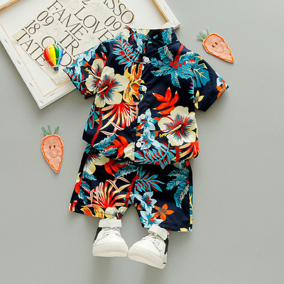 Bebeluși băieți Set de haine de hol cu imprimeuri florale Cămașă cu mânecă scurtă de vară Top + pantaloni 2 buc. Costum de domn Tinuta de plajă de vacanță pentru copii
