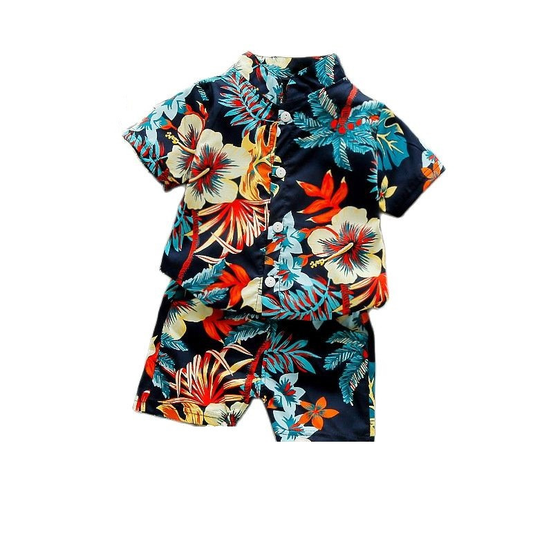 Kūdikių berniukų gėlėmis margintų poilsio drabužių komplektas Vasariniai trumpomis rankovėmis marškinėliai su viršūne + kelnaitės 2 vnt. džentelmeniškas kostiumas vaikams atostogų paplūdimio apranga