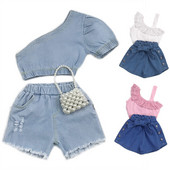 2021-es nyári babaruházat, lány kétrészes szett, egy vállra vágott felsők, ing, szaggatott farmer rövidnadrág gyerekeknek