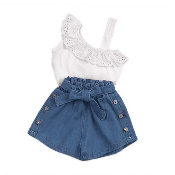 2021 г. Бебешко лятно облекло Комплект от две части за момиче, Детски къси горнища с едно рамо, Риза, Скъсани дънкови шорти с джобове за деца
