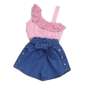 2021 Βρεφικά καλοκαιρινά ρούχα για κορίτσια σετ δύο τεμαχίων, Παιδικό μπλουζάκι με μονό ώμο, τζιν σορτς σχισμένο με τσέπες για παιδιά
