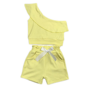2021 г. Бебешко лятно облекло Комплект от две части за момиче, Детски къси горнища с едно рамо, Риза, Скъсани дънкови шорти с джобове за деца