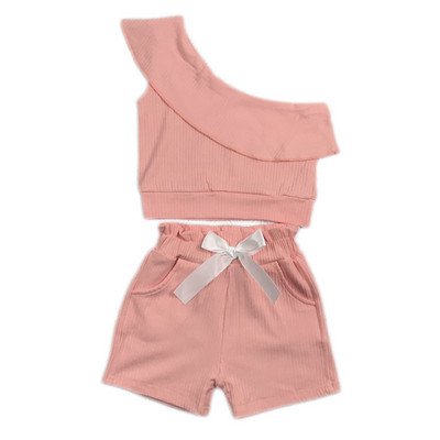 2021-es nyári babaruházat, lány kétrészes szett, egy vállra vágott felsők, ing, szaggatott farmer rövidnadrág gyerekeknek