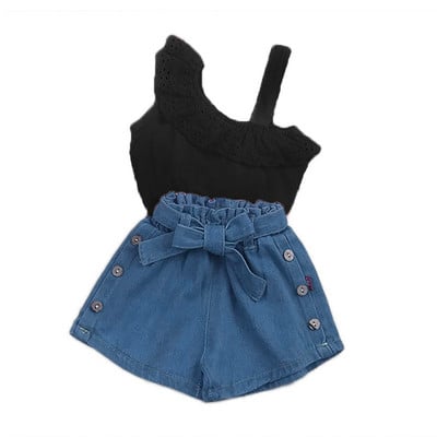 2021-es nyári babaruházat, lány kétrészes szett, egy vállra vágott felsők, ing, szaggatott farmer rövidnadrág gyerekeknek