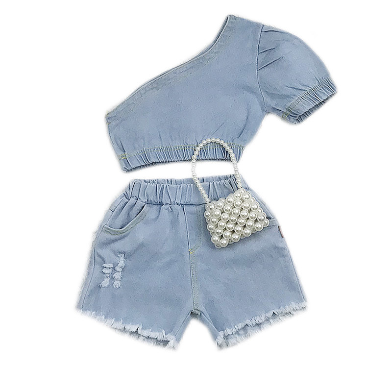 2021-es nyári babaruházat, lány kétrészes szett, egy vállra vágott felsők, ing, szaggatott farmer rövidnadrág gyerekeknek