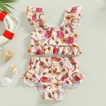 Fashion Toddler Παιδικά βρεφικά κοριτσίστικα μαγιό 6M-3Y Floral/Cattle print Βολάν με κοντό μανίκι Crop top + σορτς μαγιό Ρούχα παραλίας