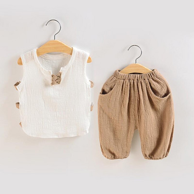 Ljetni komplet za malu djecu Dječji kompleti odjeće za dječake Košulja kratkih rukava s printom od pamučnog lana + kratke hlače 2-dijelni odijelo Dječja odjeća