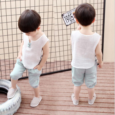 Ljetni komplet za malu djecu Dječji kompleti odjeće za dječake Košulja kratkih rukava s printom od pamučnog lana + kratke hlače 2-dijelni odijelo Dječja odjeća