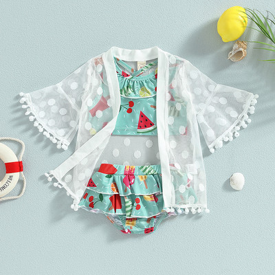 EWODOS Toddler Baby Girls Lovely Bikini szett Édes görögdinnye mintás fodros felsők + nadrágok + pöttyös, bojtos fedős fürdőruha szettek