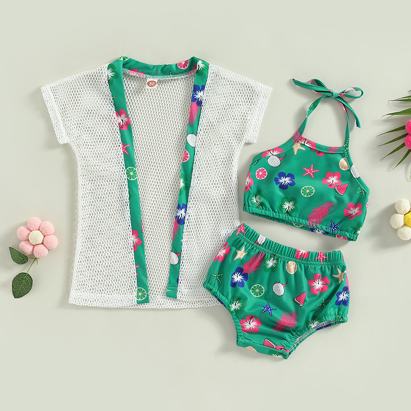 Toddler Baby Girl Bikini, 3 gab. Peldkostīms Vasaras Ikdienišķs Piedurknēm No Plecu Veste Pludmales Apakšpuses Peldkostīmi Mētelis zīdaiņa apģērbs