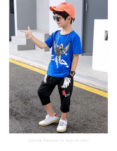 Berniukų vasaros kostiumas 2022 Wing Man Nauji vaikiški marškinėliai trumpomis rankovėmis + šortai Drabužiai berniukų drabužių rinkiniai vaikams 4 6 8 10 12 metų