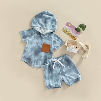 FOCUSNORM 1-5Y Модни комплекти летни дрехи за деца и момчета 3 цвята Тениски с джоб с качулка и къси панталони с щампа Tie Dye