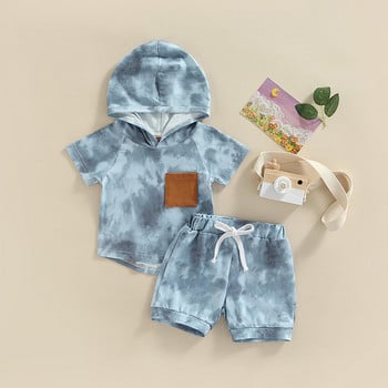 FOCUSNORM 1-5Y Модни комплекти летни дрехи за деца и момчета 3 цвята Тениски с джоб с качулка и къси панталони с щампа Tie Dye