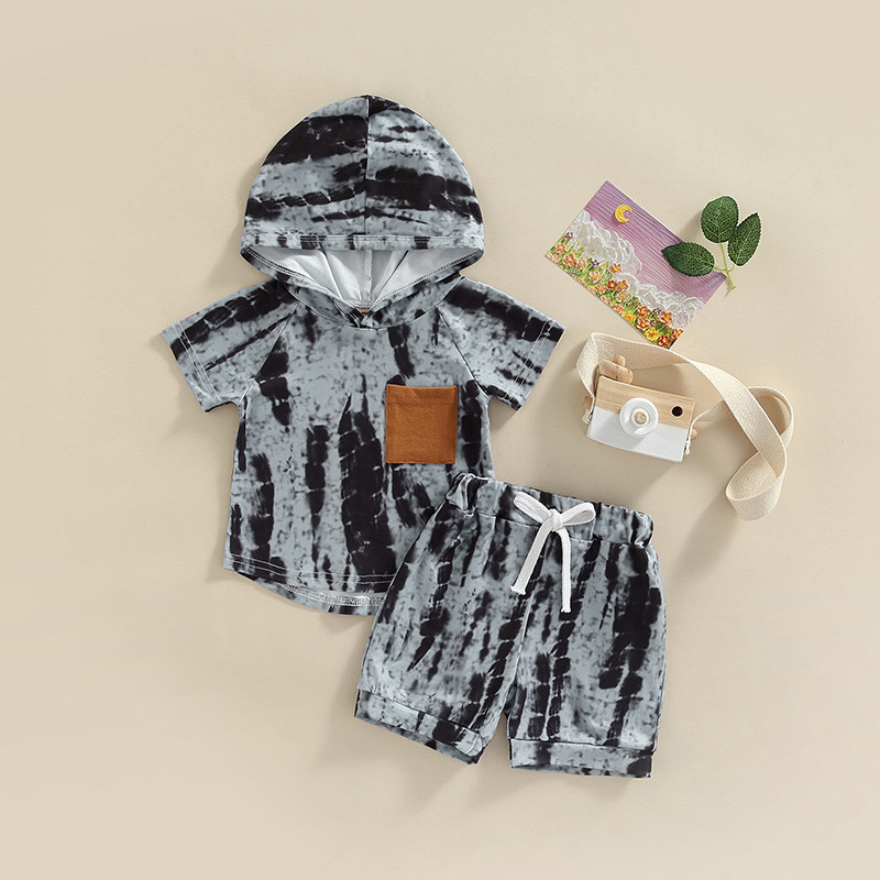 FOCUSNORM 1-5Y Μόδα Παιδικά Αγόρια Καλοκαιρινά Σετ 3 Χρώματα Tie Dye με εμπριμέ κοντό μανίκι με κουκούλα μπλουζάκι τσέπης + σορτς