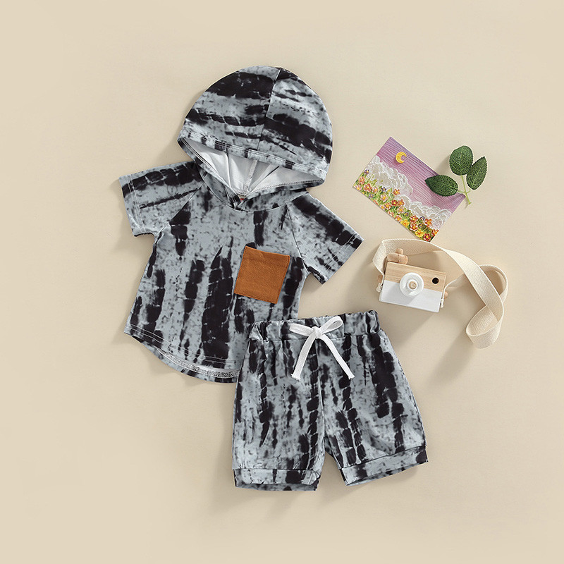 FOCUSNORM 1-5Y Μόδα Παιδικά Αγόρια Καλοκαιρινά Σετ 3 Χρώματα Tie Dye με εμπριμέ κοντό μανίκι με κουκούλα μπλουζάκι τσέπης + σορτς