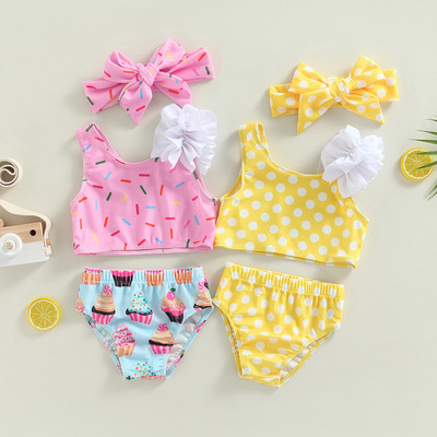 0-24m Baby Girls 3pcs Swimsuit Sleeveless Dot Cup Cake Print Tops Summer Beach + Shorts Headband Infant Girls Bathing Suit