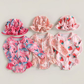 Pikkade varrukatega armas väikelaste beebitüdrukute ujumisriided rannariided Rash Guard ujumistrikoo Armas maasikamustriga ujumiskostüüm + päikesemütsi komplekt