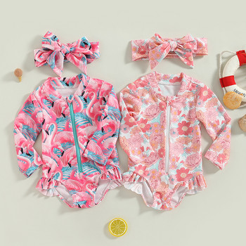 Сладък бански костюм за бебета и момичета с дълъг ръкав Плажно облекло Rash Guard Бански костюм Прекрасен бански костюм с принт на ягоди + Комплект шапка за слънце