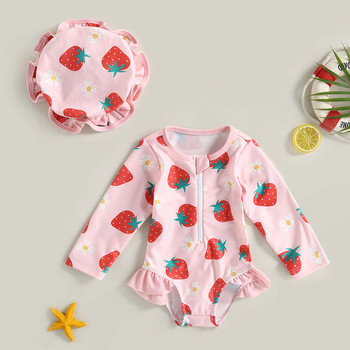 Μακρυμάνικο χαριτωμένο μωρό βρεφικά μαγιό για κορίτσια Μαγιό Rash Guard Lovely Strawberry print μαγιό + Σετ ηλίου