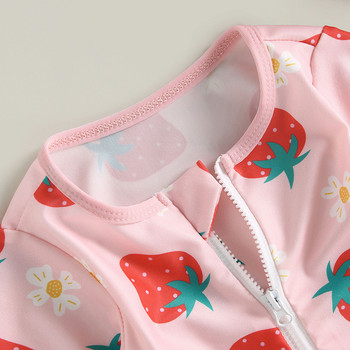 Сладък бански костюм за бебета и момичета с дълъг ръкав Плажно облекло Rash Guard Бански костюм Прекрасен бански костюм с принт на ягоди + Комплект шапка за слънце